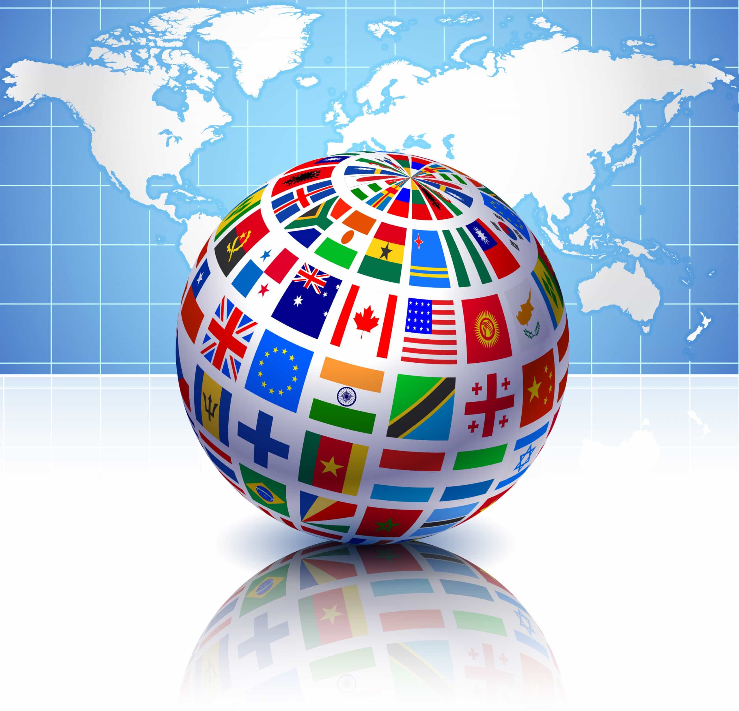 Международный. Страноведение. Иностранные языки Глобус. Глобус со странами. Международное сотрудничество на белом фоне.