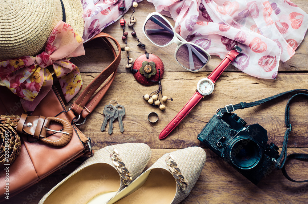 clothing for women, placed on a wooden for travel