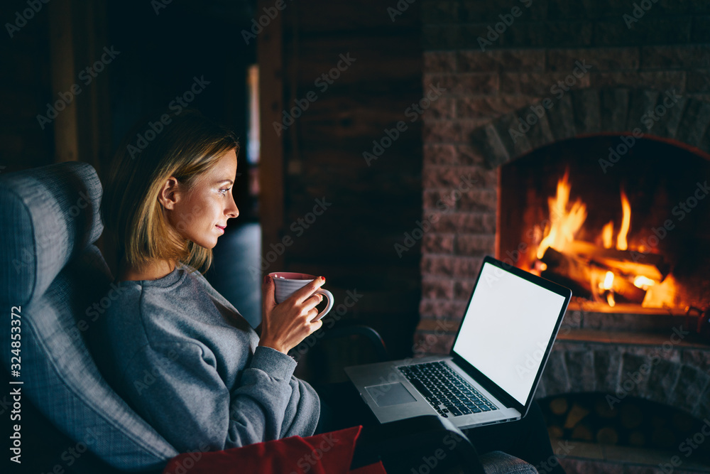 Cozy home. Pretty young woman working on laptop computer near the fireplace. Copy space on the screen.