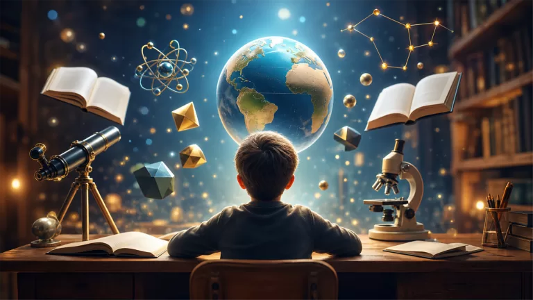 Школьник за столом с книгами, микроскопом и телескопом