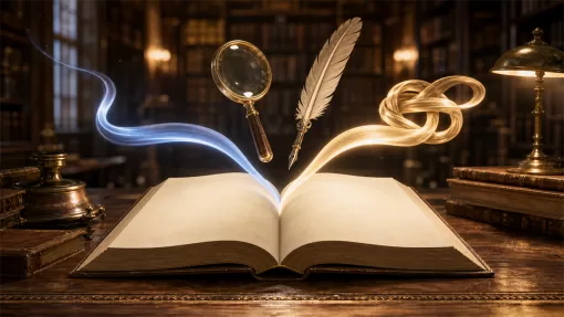 Открытая книга, перо и лупа в старинной библиотеке