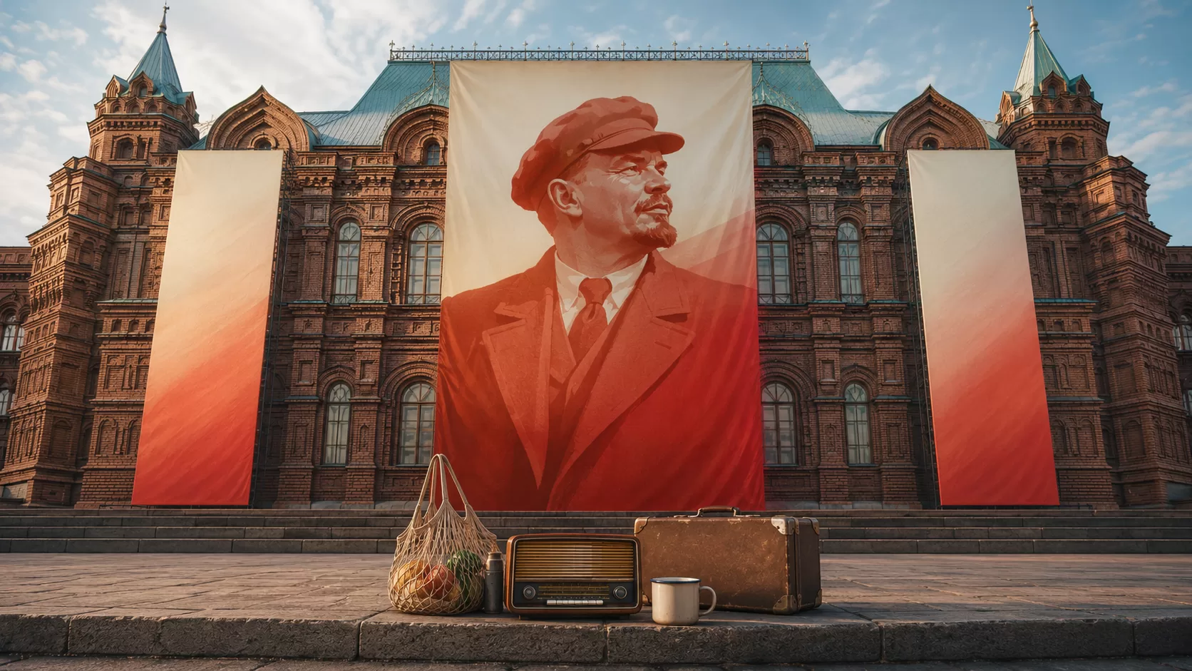 Исторический фасад с баннером и предметами