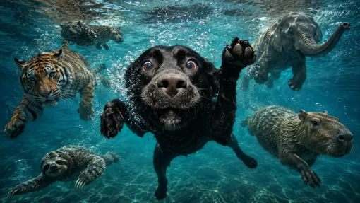 черный лабрадор под водой