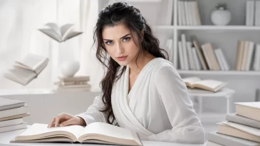 Девушка читает книгу в светлой библиотеке
