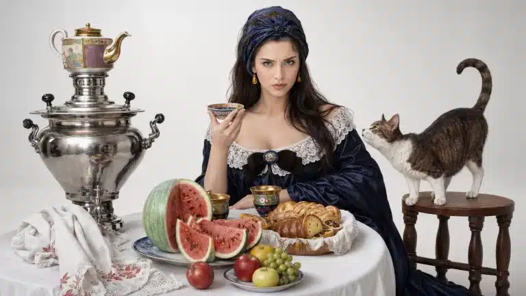 Женщина за столом с самоваром