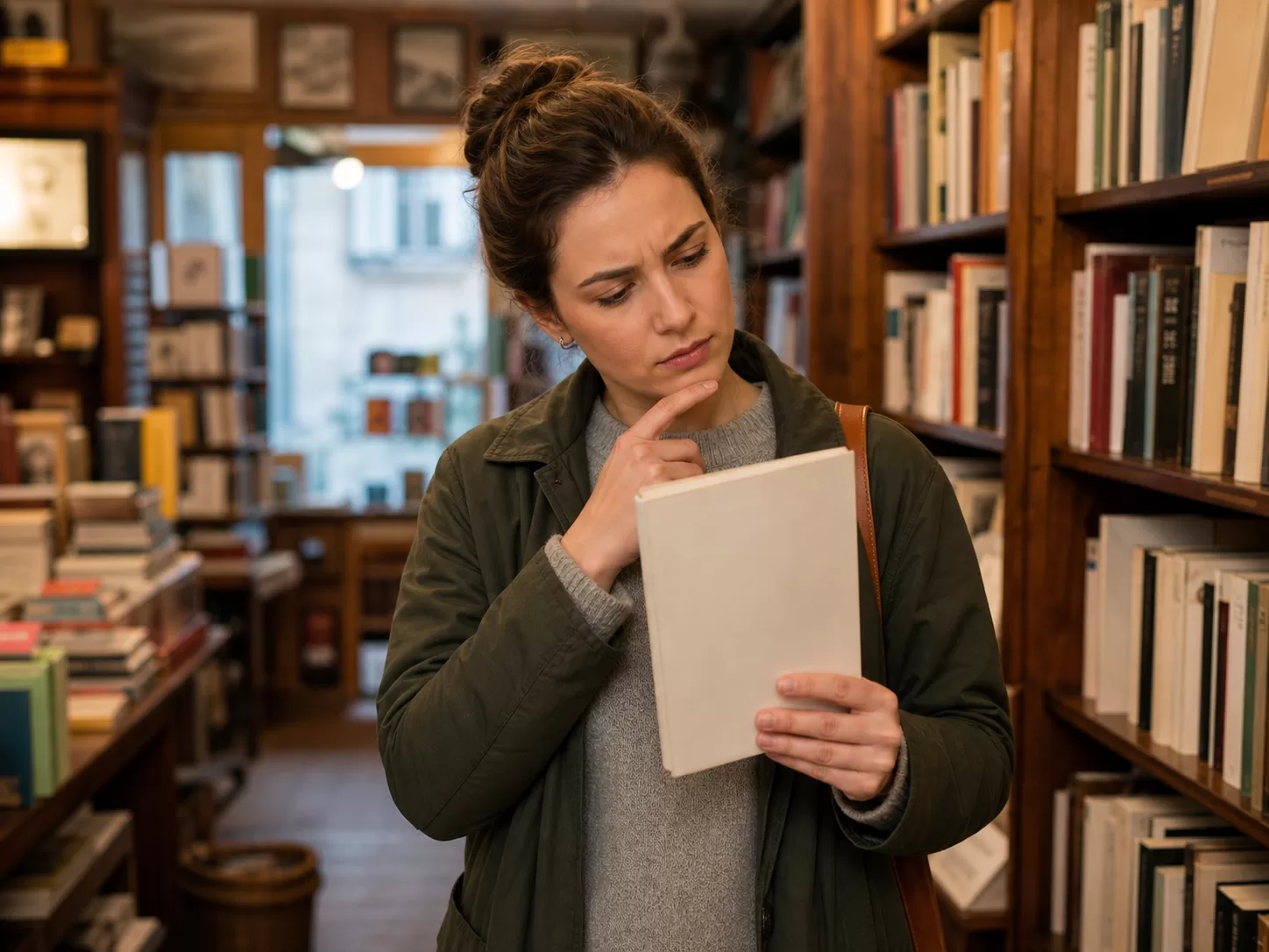 Посетительница рассматривает книгу с пустой обложкой в книжном магазине