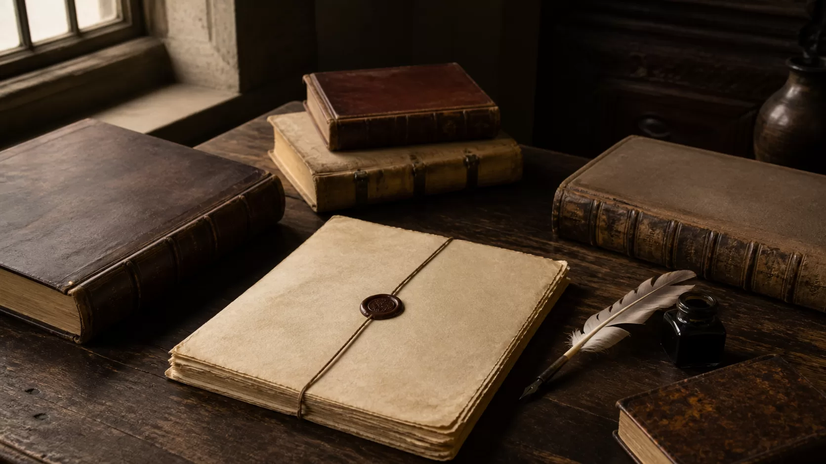 Закрытые старинные книги и письменные принадлежности в архиве