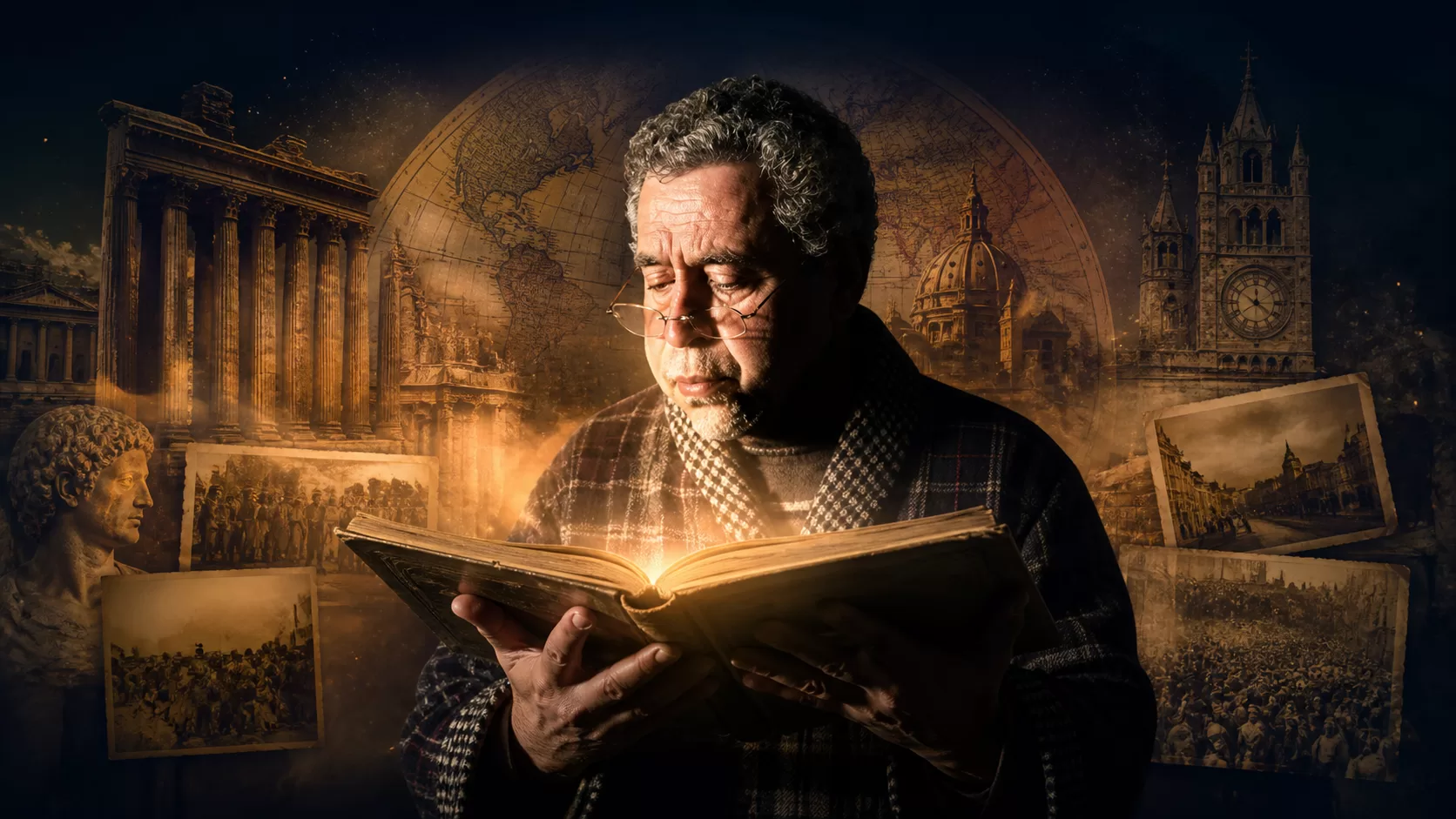 Историк читает светящуюся книгу на фоне временной линии