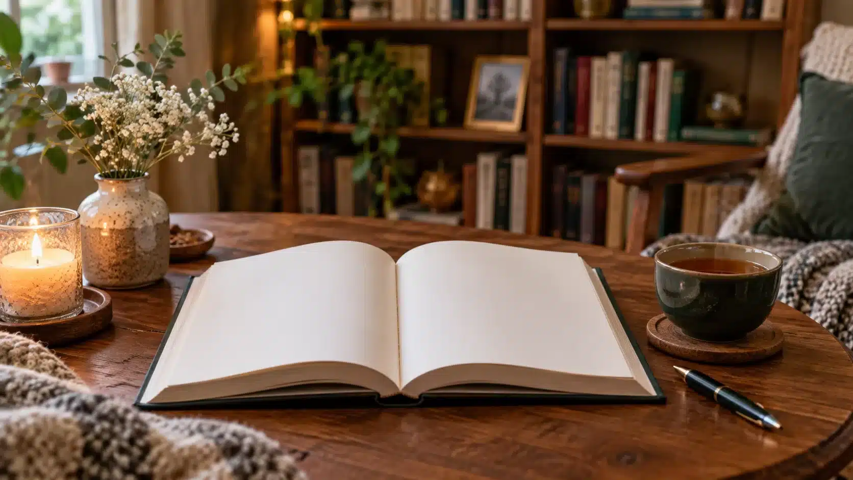 Книга и чай на уютном столе для чтения