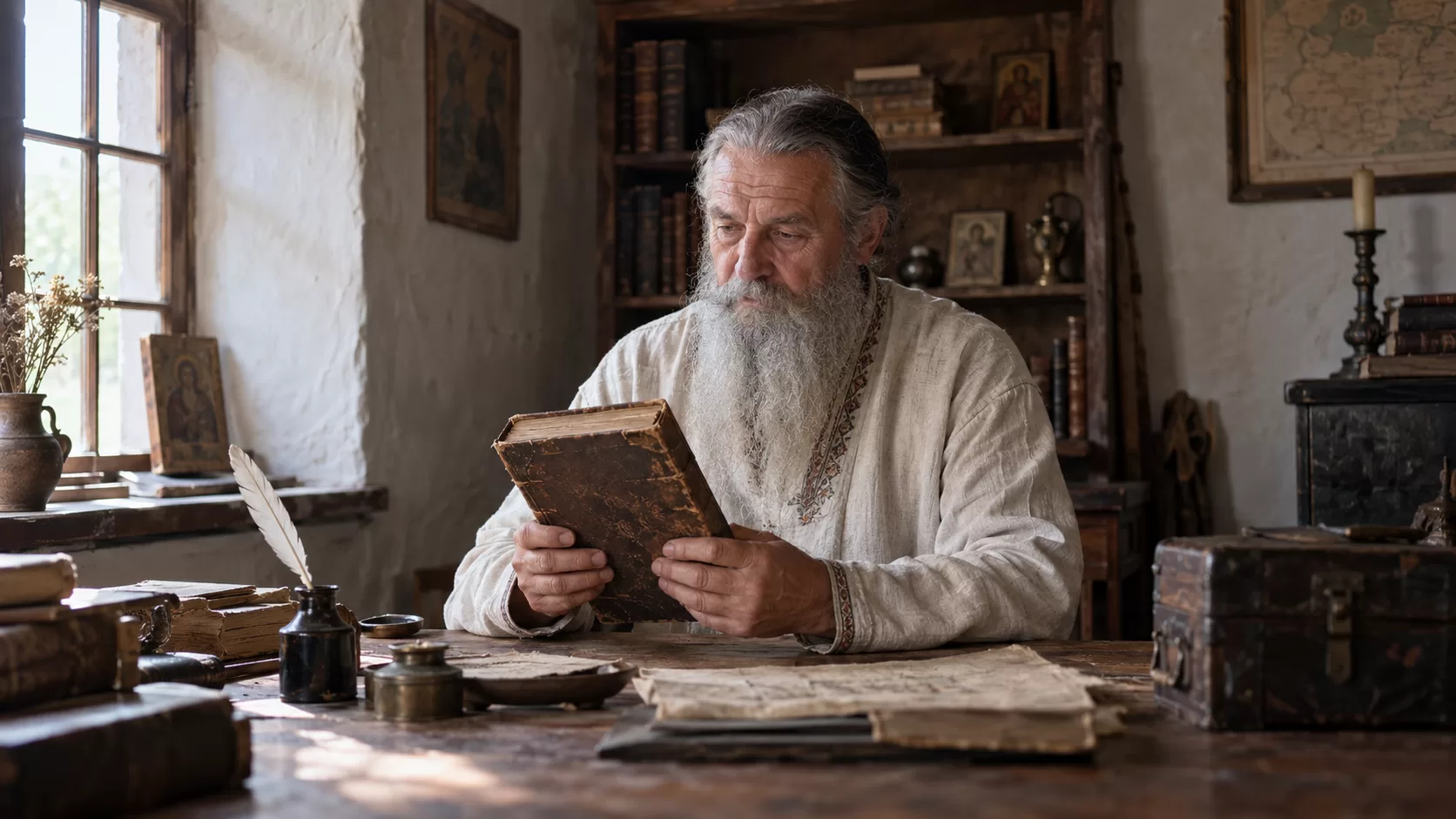 Историк изучает старую книгу в скромном кабинете