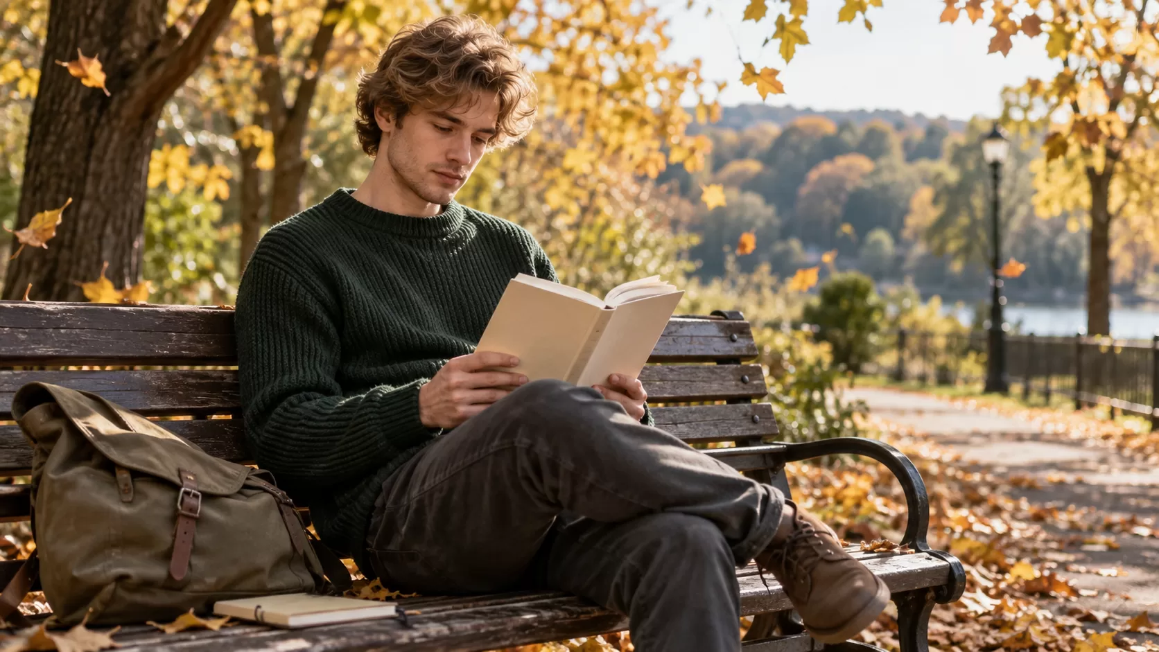 Молодой мужчина читает книгу на парковой скамье