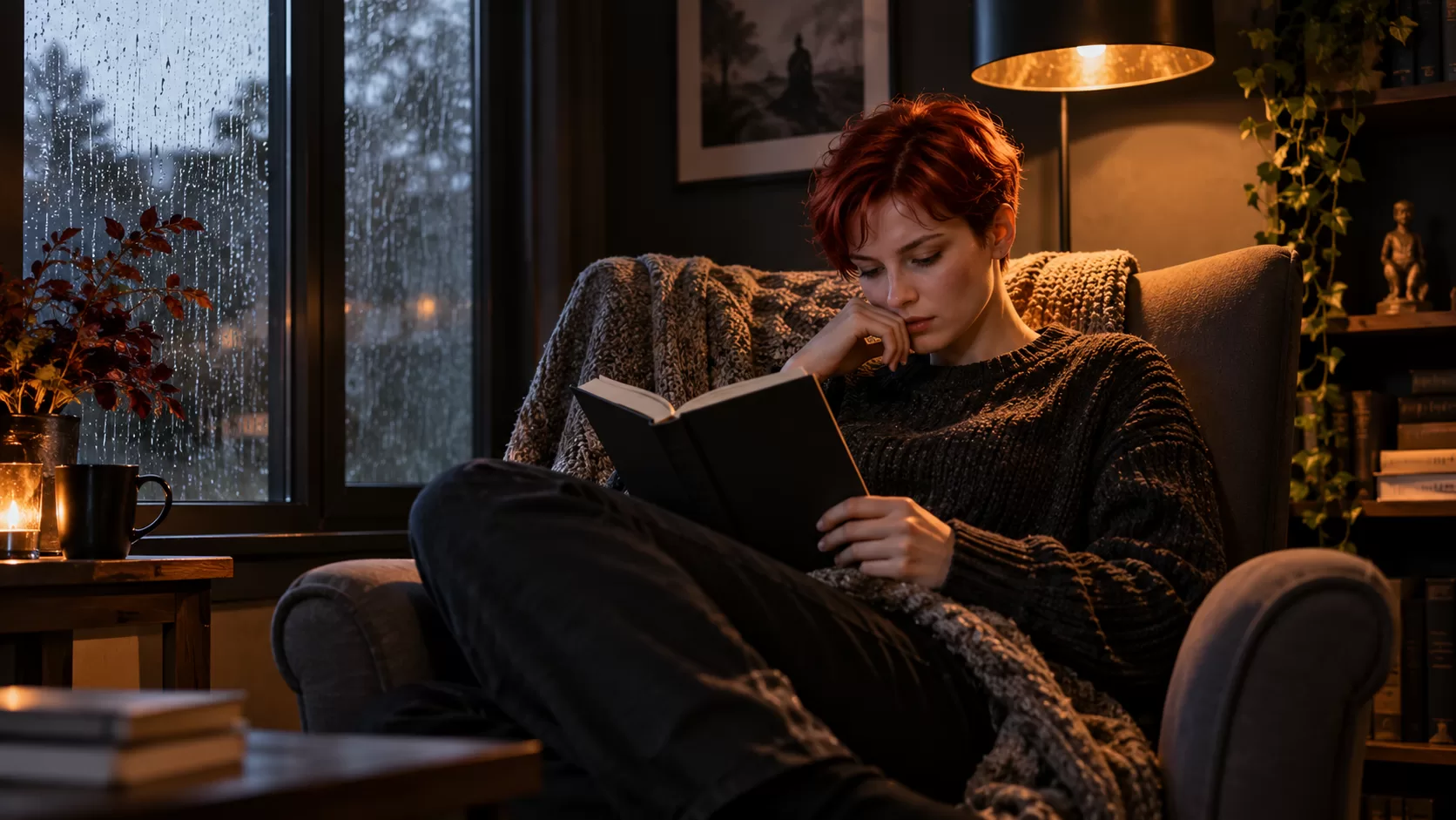 Девушка читает книгу в комнате с дождливым окном