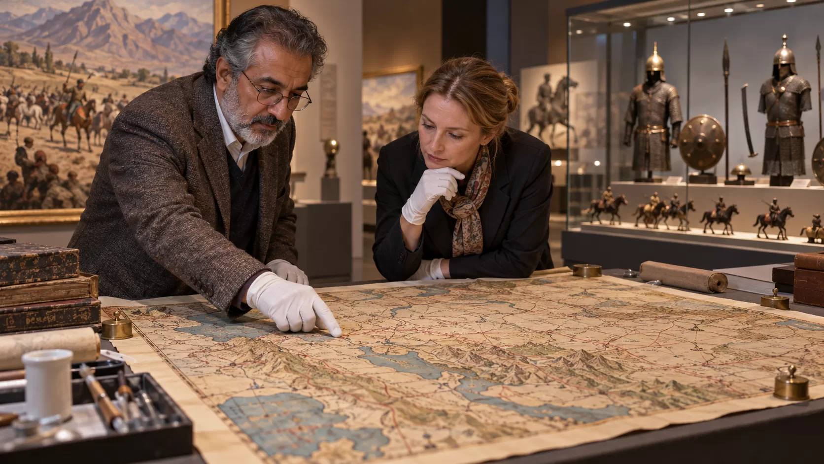 Историки рассматривают старинную карту в музейной галерее