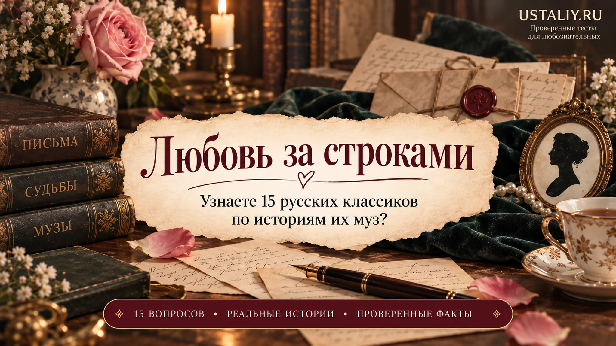 Обложка теста «Любовь за строками»: старинные книги, письма, розы и перо, без портретов и неподтверждённых цитат