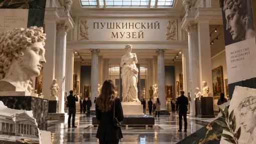 Посетитель рассматривает экспонаты в величественном музейном зале