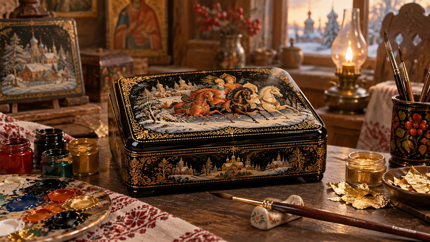 Русская лаковая миниатюра в зимнем свете