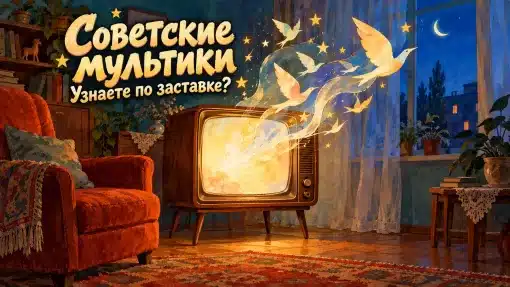 Старый телевизор со сказочными птицами и надписью «Советские мультики. Узнаете по заставке?»