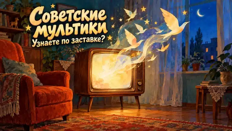 Старый телевизор со сказочными птицами и надписью «Советские мультики. Узнаете по заставке?»