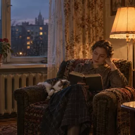 Уютный вечер с книгой и котом